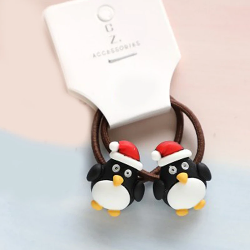 Color: Pink - 2Pcs Cute Cartoon Christmas Elk Scrunchies Girls Hair Rope Ponytail Holder Elastic Hair Bands Hair Ties Fashion Hair Accessories