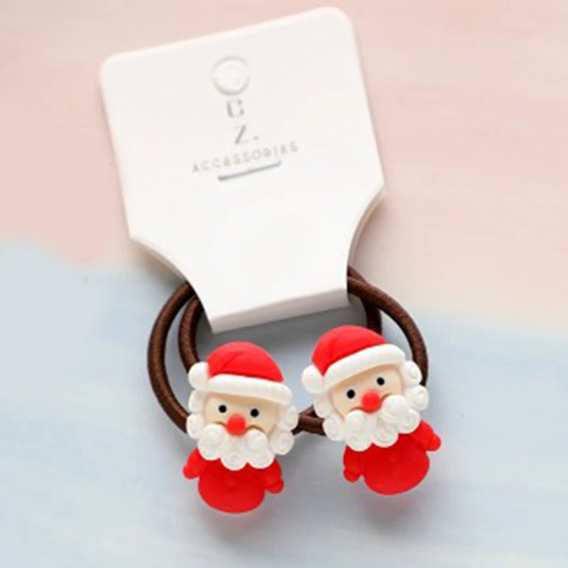 Color: Pink - 2Pcs Cute Cartoon Christmas Elk Scrunchies Girls Hair Rope Ponytail Holder Elastic Hair Bands Hair Ties Fashion Hair Accessories