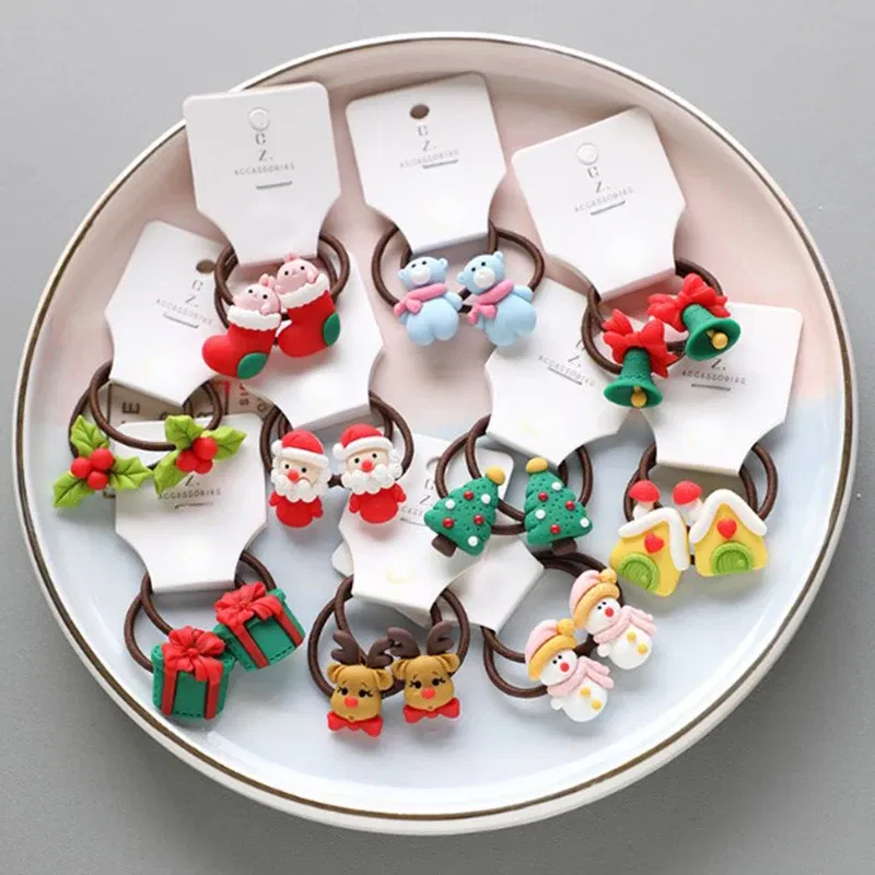 Color: Pink - 2Pcs Cute Cartoon Christmas Elk Scrunchies Girls Hair Rope Ponytail Holder Elastic Hair Bands Hair Ties Fashion Hair Accessories