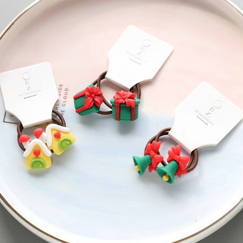 Color: Pink - 2Pcs Cute Cartoon Christmas Elk Scrunchies Girls Hair Rope Ponytail Holder Elastic Hair Bands Hair Ties Fashion Hair Accessories