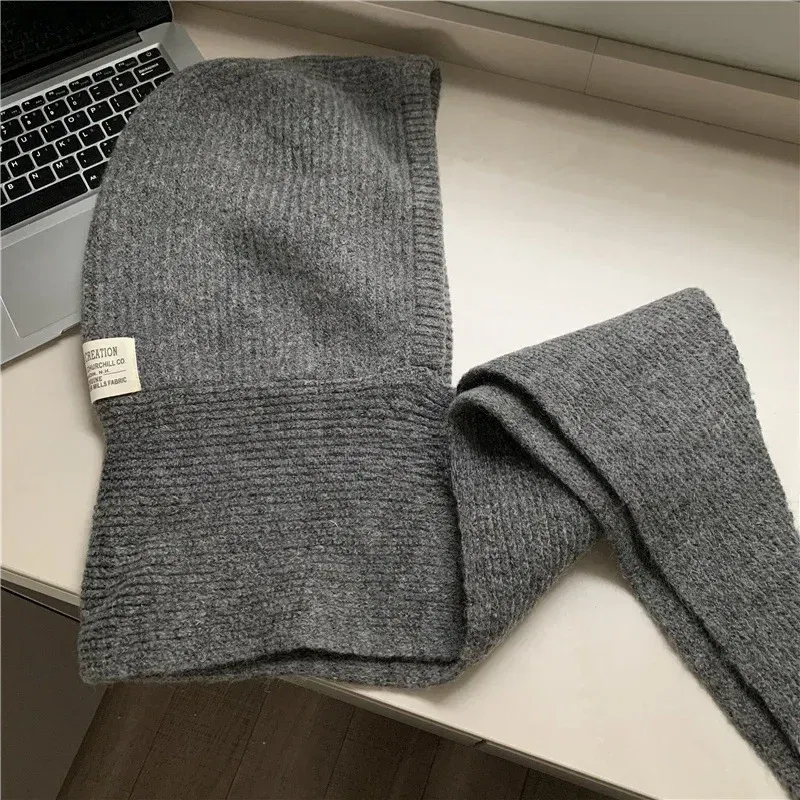 Color: Khaki - Multicolor Balaclava women's autumn and winter warm wool hat scarf integrated hooded scarf knitted hat trendy