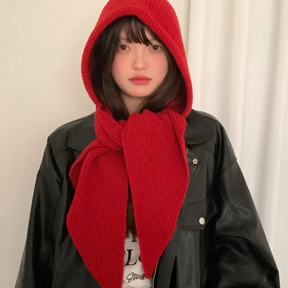 Color: Khaki - Multicolor Balaclava women's autumn and winter warm wool hat scarf integrated hooded scarf knitted hat trendy