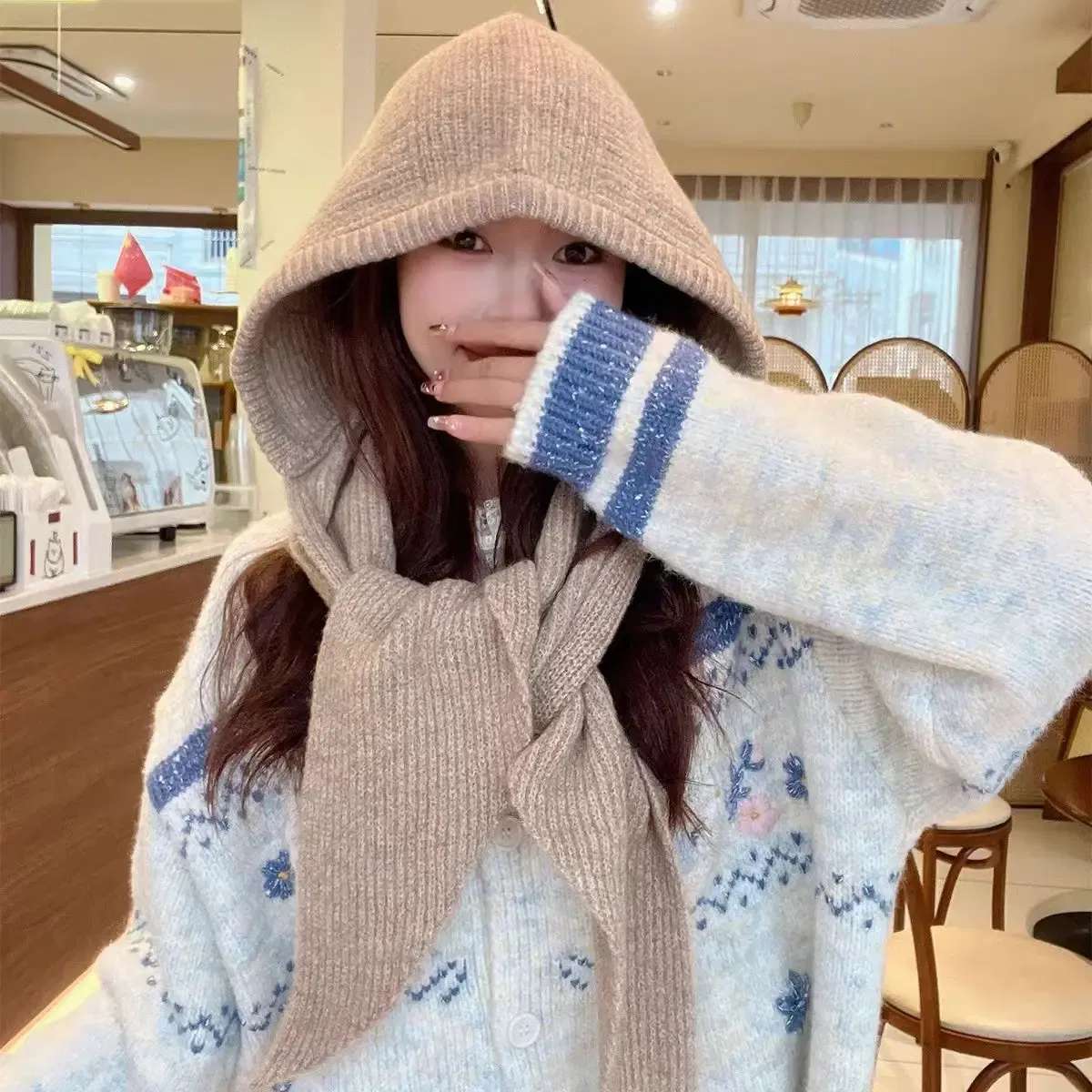 Color: Khaki - Multicolor Balaclava women's autumn and winter warm wool hat scarf integrated hooded scarf knitted hat trendy