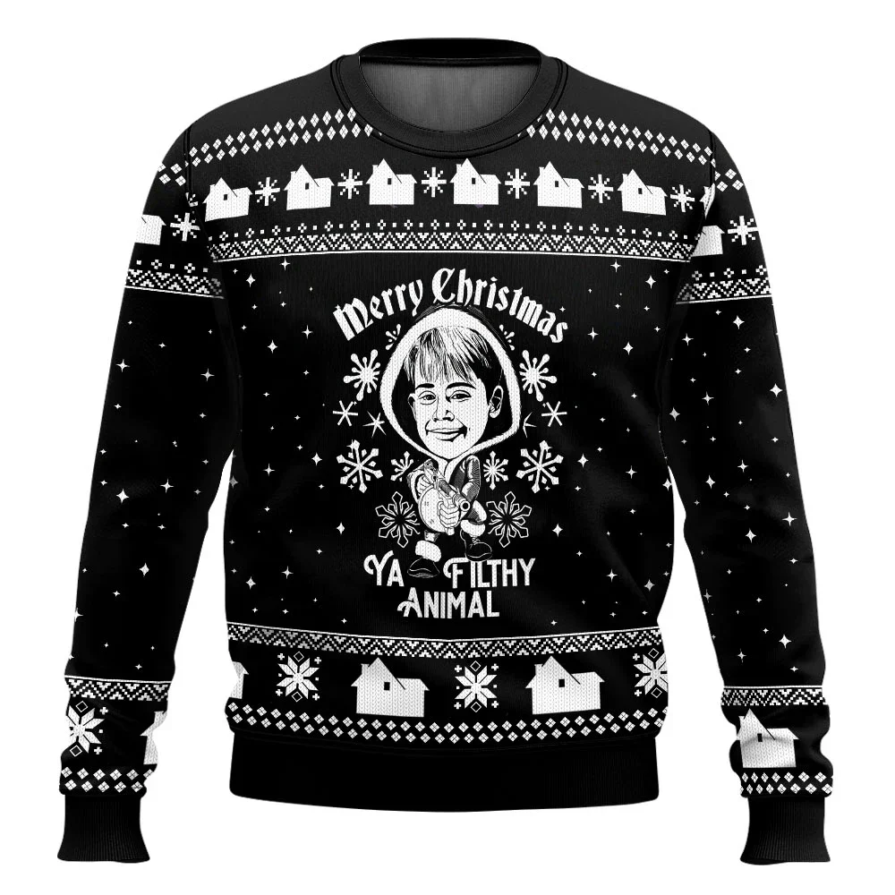 Color: Yellow, Size: L, Ships From: CHINA - Merry Christmas alone at home Ugly Christmas sweater cartoon animation Men's pullover 2026 fashionable couple shirts Sweatshirt