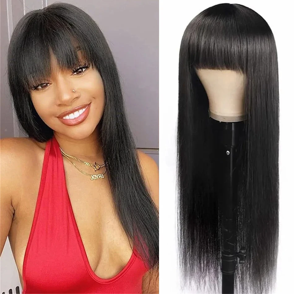 Stretched Length: 20inches, Density: 180% - Silky Wig Human Hair Full Machine Made Straight 100% Human Hair Wigs With Bangs For Women Brazilian Cheap Wig On Sale Clearance