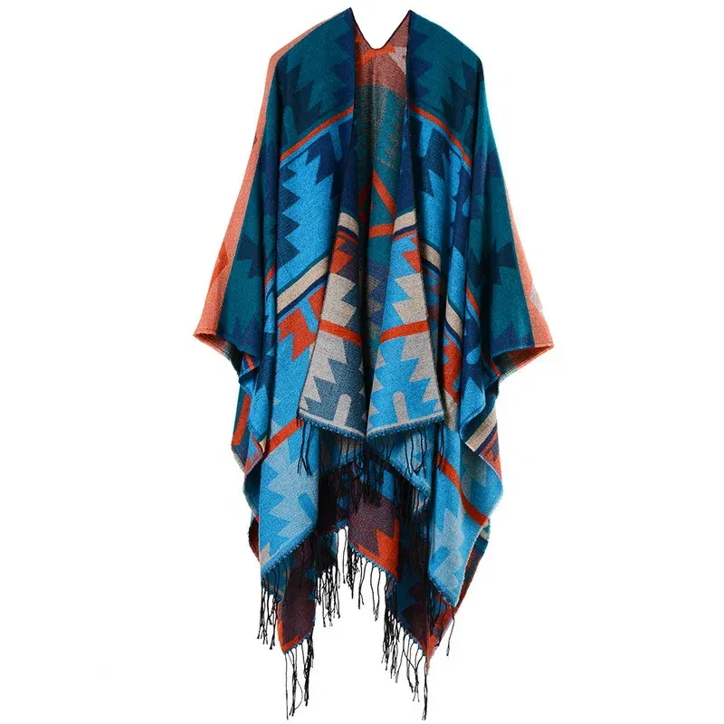 Color: camel, Size: One Size - European American Popular Tassel Thickened Cashmere Like National Style Travel Fork Shawl Scarf in autumn Ponchos Capes P9