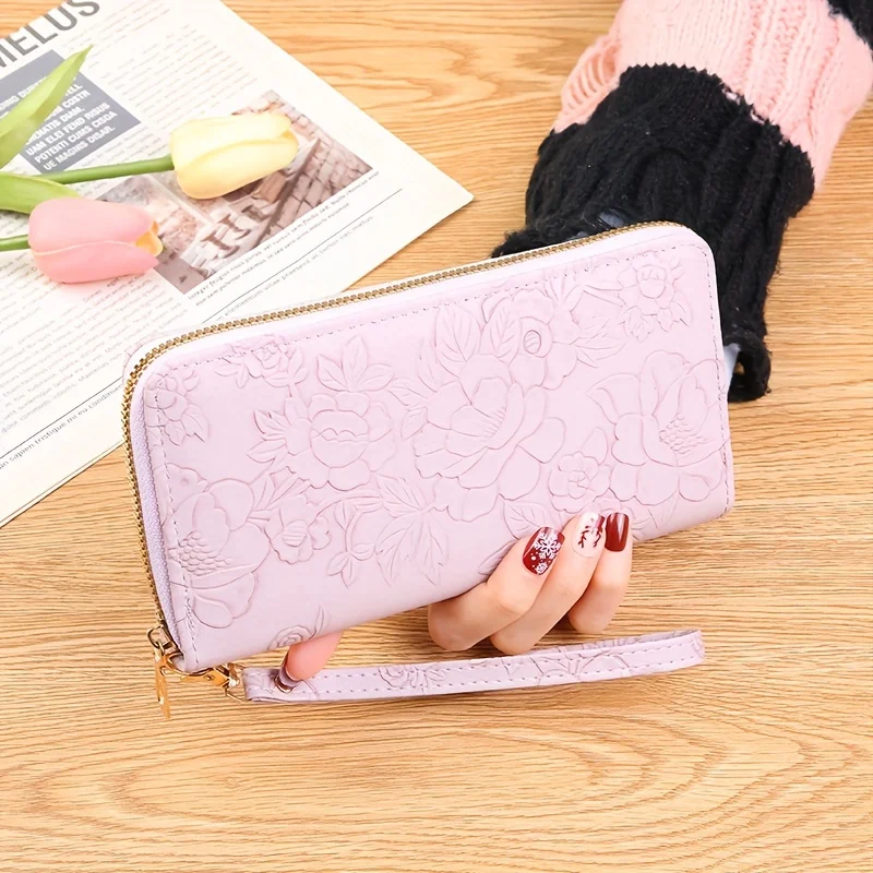 Color: SKY BLUE - Floral Embossed Long Wallet, PU Leather Credit Card Holder, Simple Trendy Phone Coin Clutch Purse For Women Hand-painted Wallet
