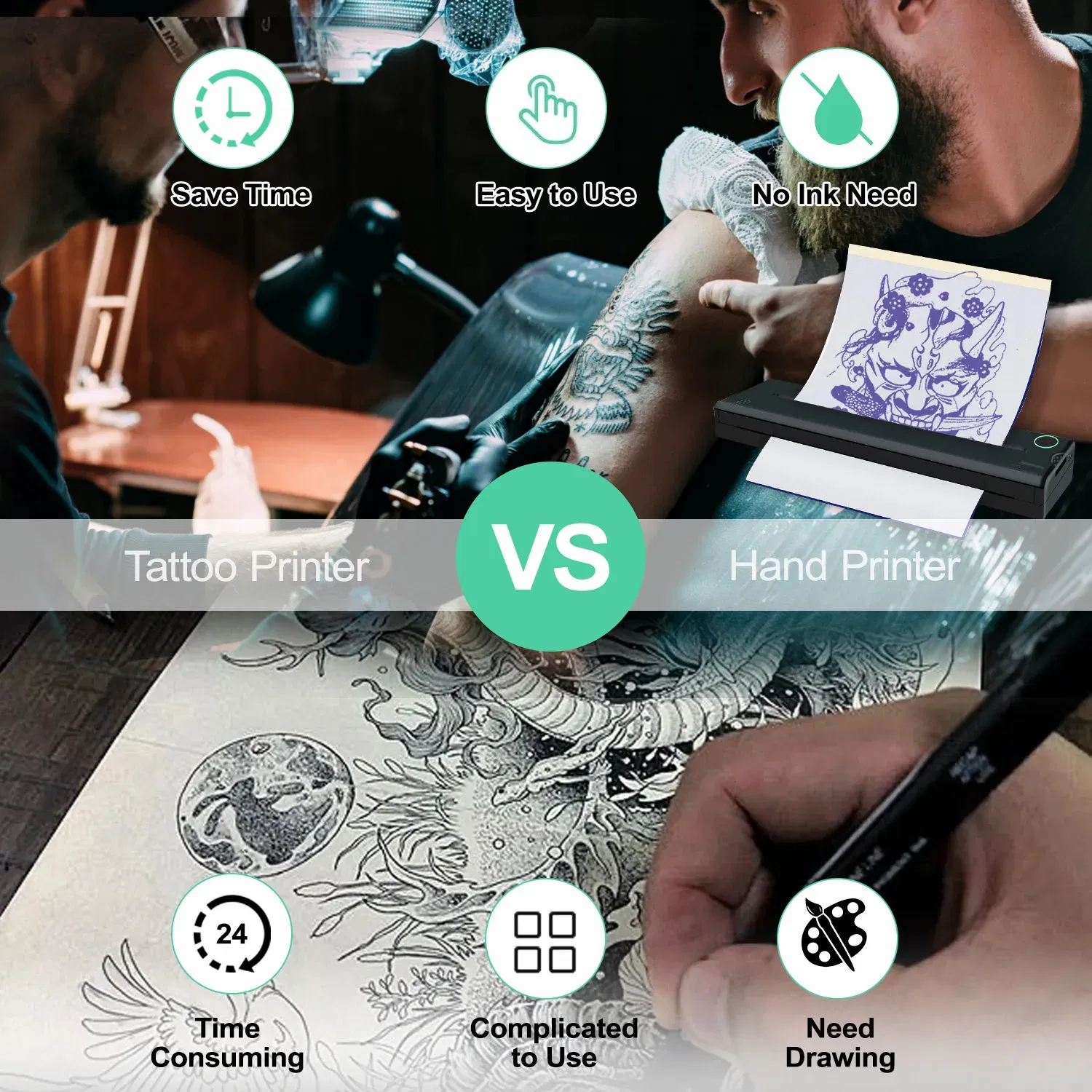 color: WHITE, Ships From: CHINA - Top Tattoo printer thermal Transfer sensitive i inkless portable A4 Bluetooth wireless USB document printer with PC phone