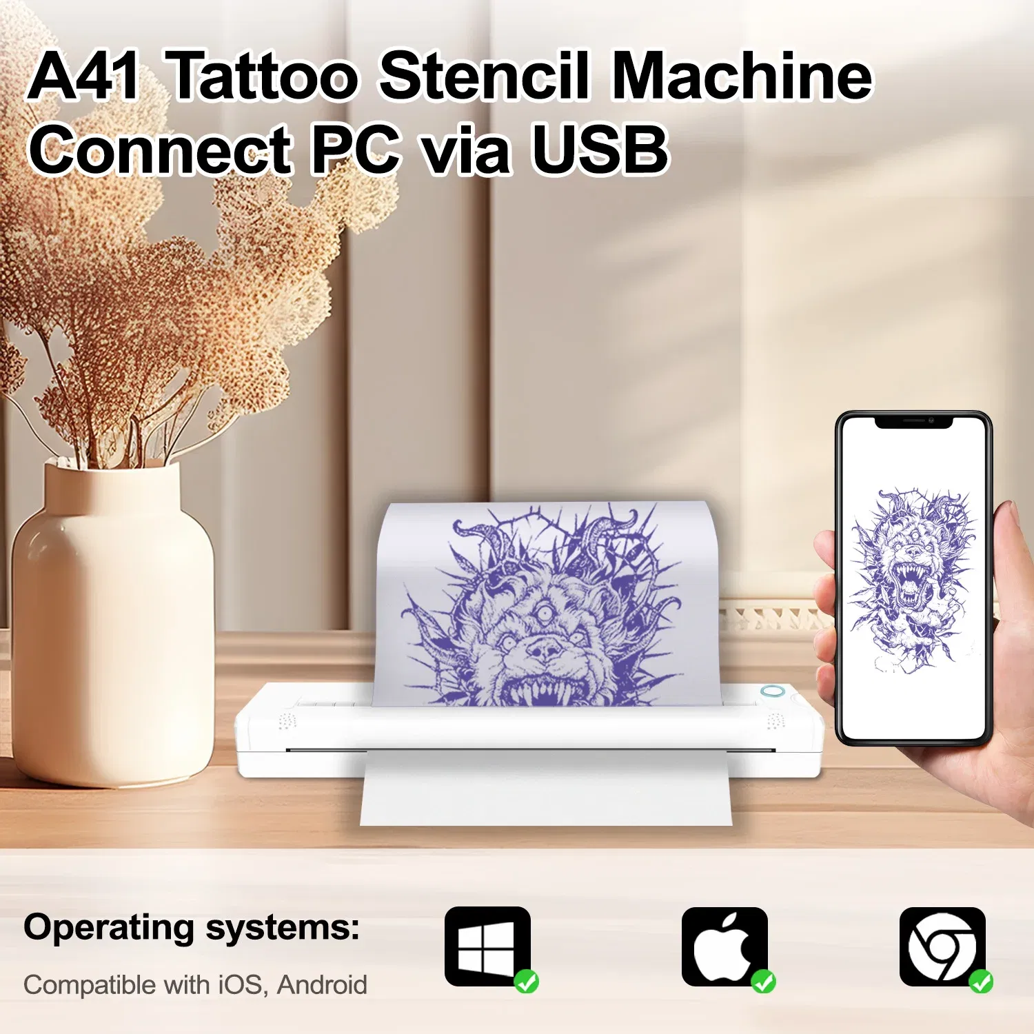color: WHITE, Ships From: CHINA - Top Tattoo printer thermal Transfer sensitive i inkless portable A4 Bluetooth wireless USB document printer with PC phone