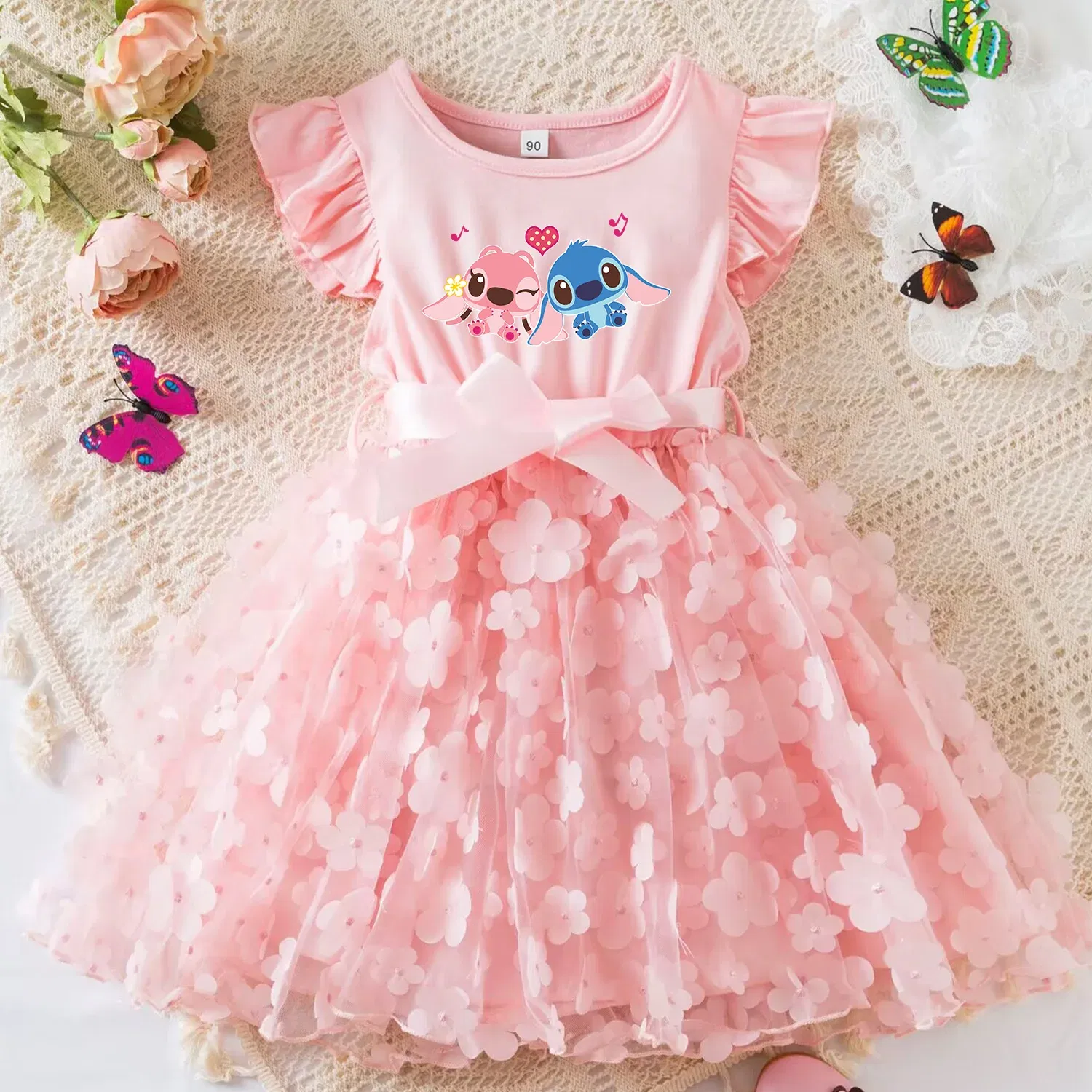 Color: GRAY, Size: XS - 3D Butterfly Cute Lilo Stitch Summer Dress for Kid's Casual Clothes Baby Girls Beautiful Princess Dress Party Dresses 2-6 Yrs