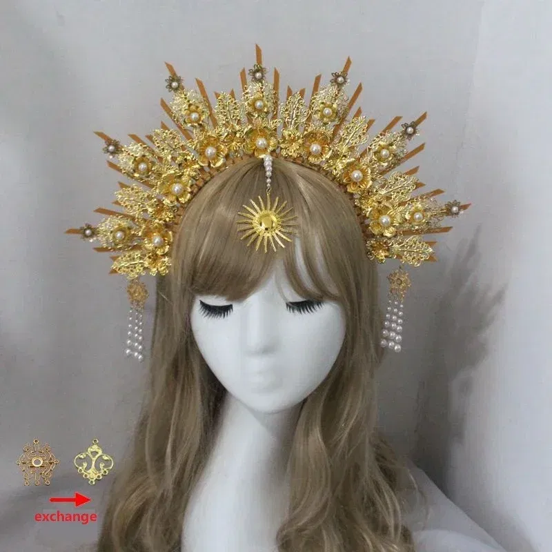 Color: WHITE - MATERIAL PACKAGE Sunburst Goddess Gold Spike Mary Halo Crown Headpiece NYLON ZIP TIE Wedding Bride Hair Band Tiar