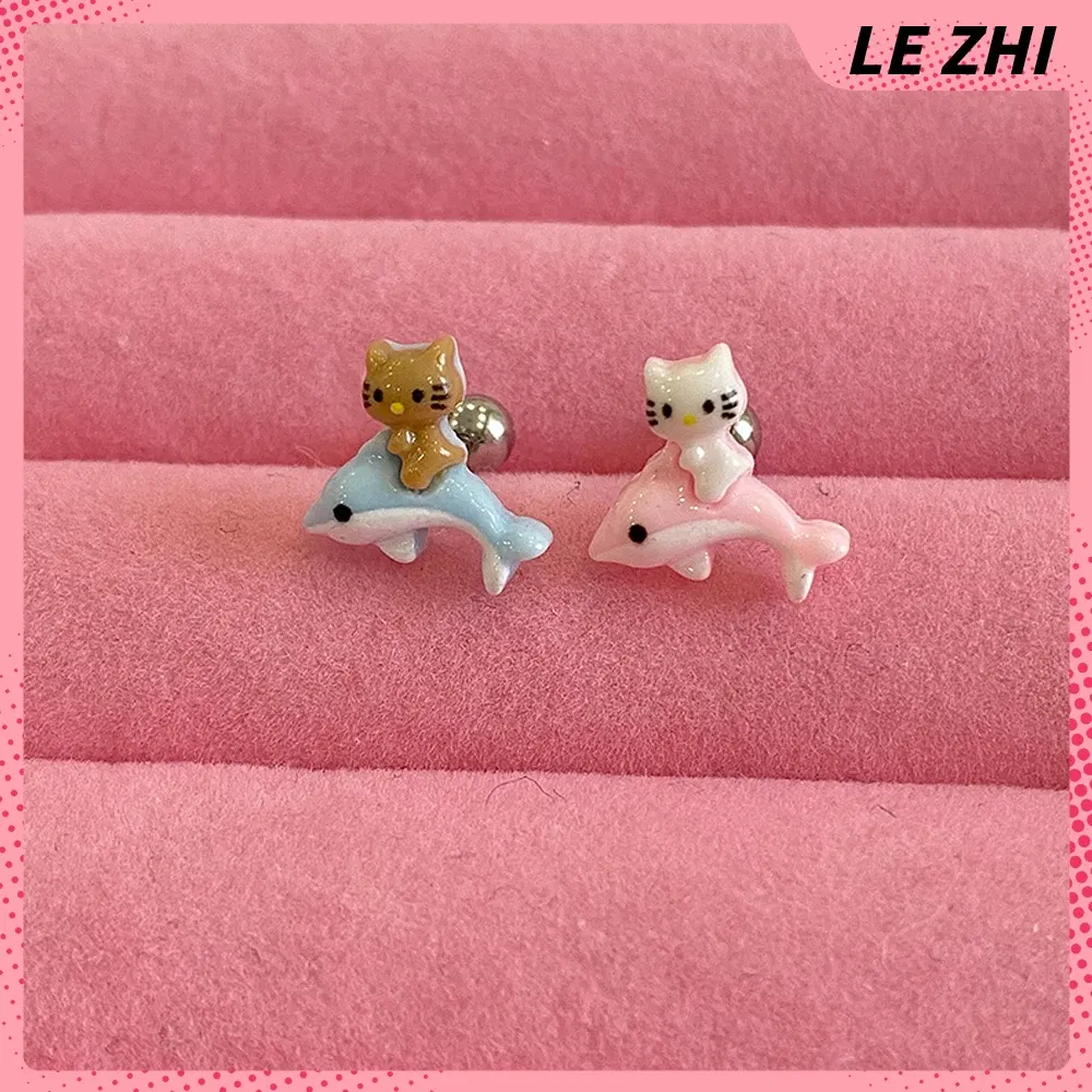 Color: Deep Sapphire, Size: M - Hawaii HelloKitty Cute Ear Stud Coconut Palm Earrings Anime Accessories Maiden Heart Girls Birthday Present Fashion Jewelry Gift