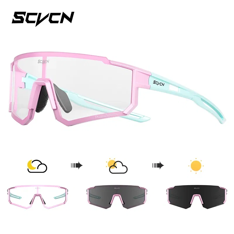Color Name: Pink - SCVCN Color Photochromic Cycling Glasses Outdoo Fashion Sports Sunglasses Men MTB Cycling Sunglasses Women Road Bike Glasses