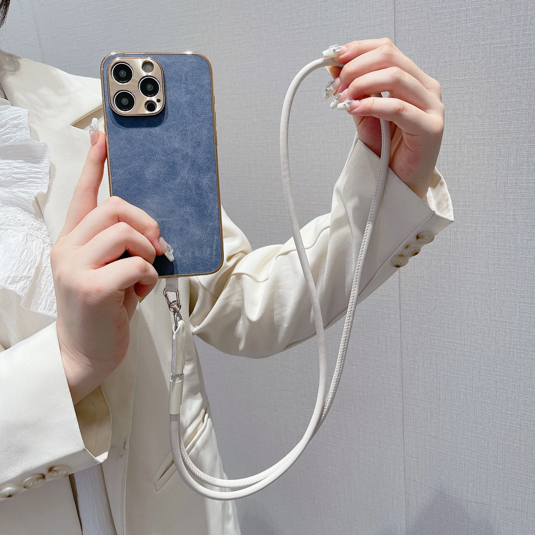 Color: WHITE, Material: Nylon / Spandex, Ships From: CHINA - 120 cm Long Crossbody Phone Lanyard Leather Pickup Chain Women's Long Neck Shoulder Strap Phone Case Universal Anti Loss Lanyard