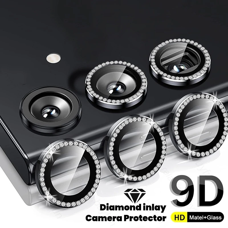 Material: aluminum, Color: Blue - Bling 3D Diamond Metal Camera Ring Protector for Samsung Galaxy A55 A35 A25 A15 A05 5G Alloy Lens HD Tempered Glass Protect Cap