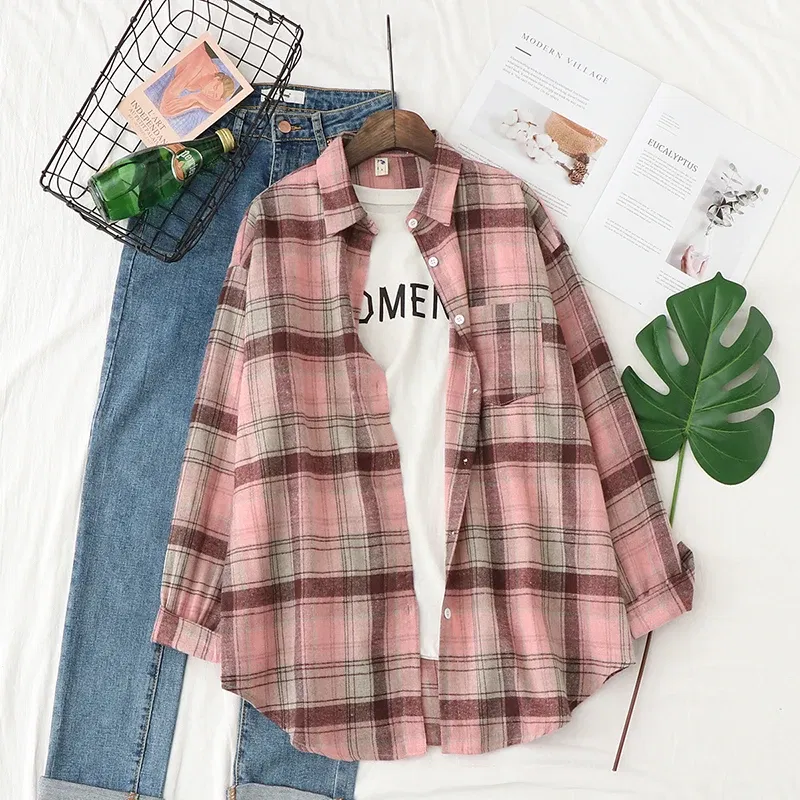 Color: DEEP BLUE, Size: M - Fresh Flannel Plaid Shirt Women 2025 New Female Blouses and Tops Cotton Loose Long Sleeve Casual Shirts Fine Women's Clothes