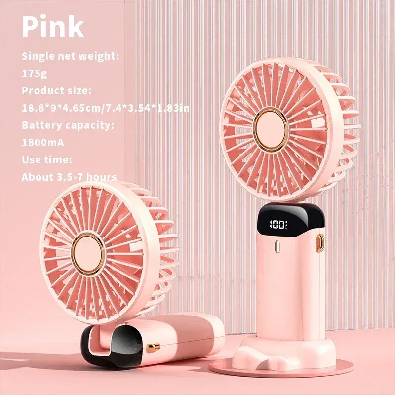 Color: Pink - Handheld Mini Fan 3000mAh Foldable Portable Neck Hanging Fans 5 Speed USB Rechargeable Fan with Phone Stand and Display Screen