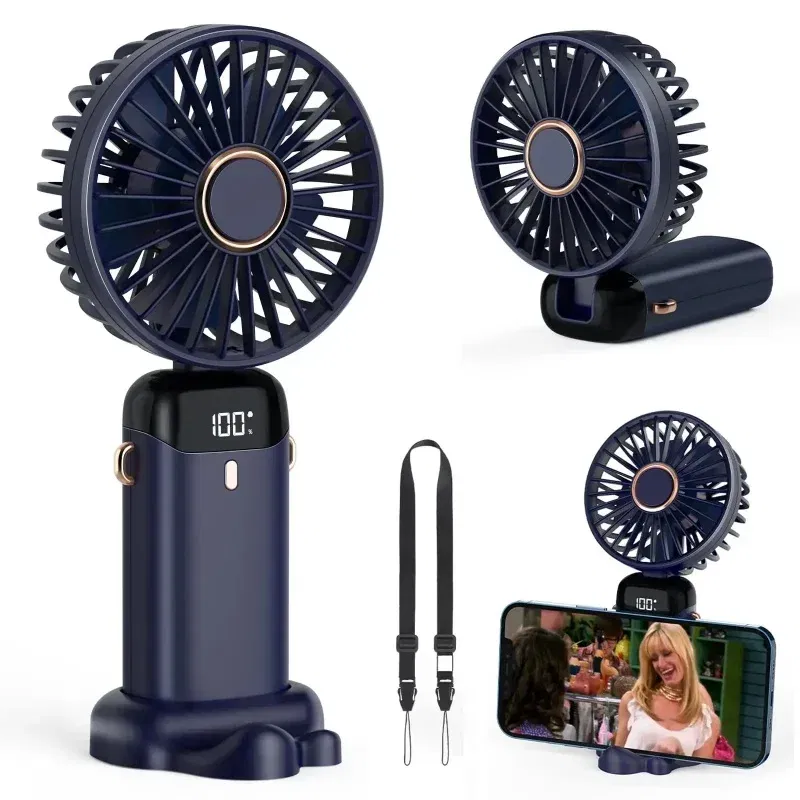 Color: Pink - Handheld Mini Fan 3000mAh Foldable Portable Neck Hanging Fans 5 Speed USB Rechargeable Fan with Phone Stand and Display Screen