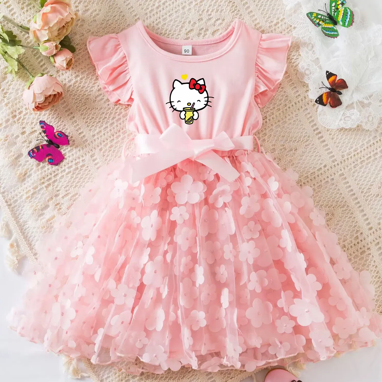 Color: Dark Grey, Size: M - Hello Kitty Summer Dress for Kid's Casual Clothes 3D Butterfly Cute Baby Girls Princess Dress Party Dresses 2-6 Yrs