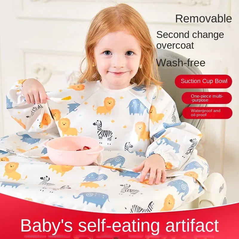 Color: GRAY, Size: One Size - Clean Feeding Bib for Baby Boys Girl 8M-5Y Waterproof Bib Apron Smock with Table Cover Infant Mess-Free Kids Full Coverage Bib