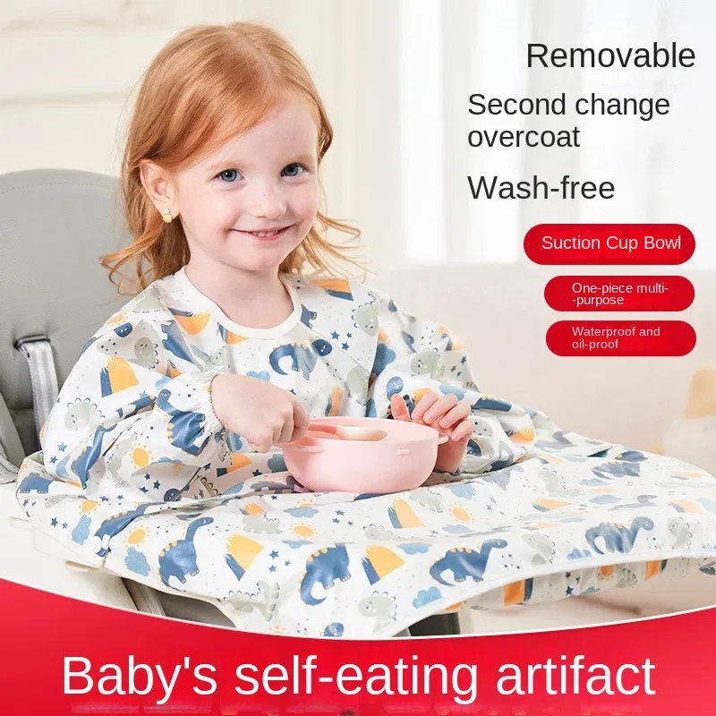 Color: GRAY, Size: One Size - Clean Feeding Bib for Baby Boys Girl 8M-5Y Waterproof Bib Apron Smock with Table Cover Infant Mess-Free Kids Full Coverage Bib