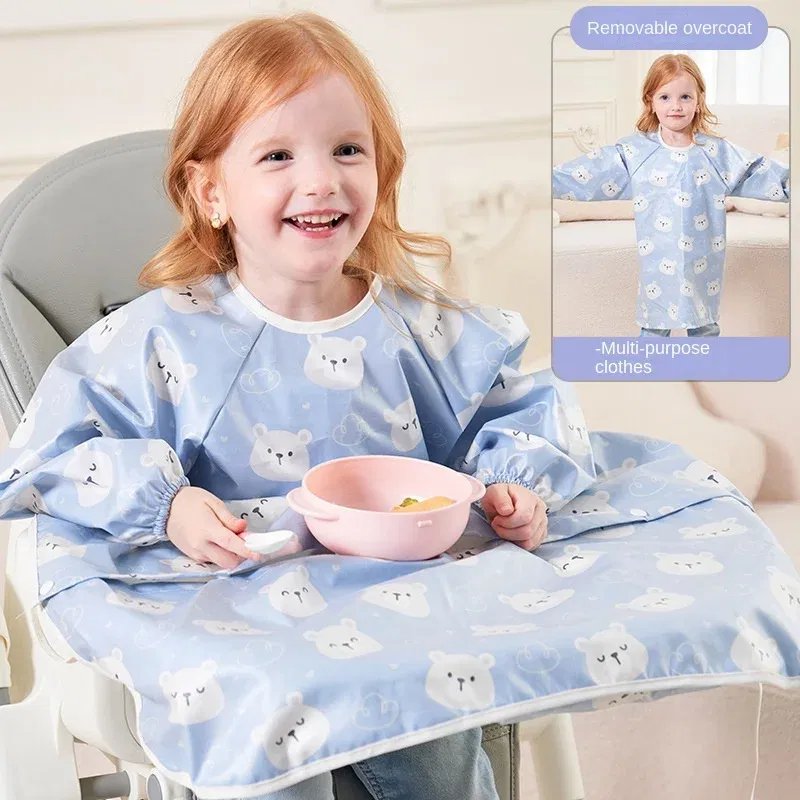 Color: GRAY, Size: One Size - Clean Feeding Bib for Baby Boys Girl 8M-5Y Waterproof Bib Apron Smock with Table Cover Infant Mess-Free Kids Full Coverage Bib