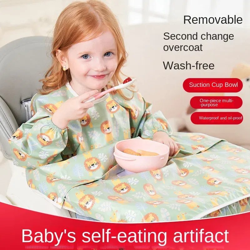 Color: GRAY, Size: One Size - Clean Feeding Bib for Baby Boys Girl 8M-5Y Waterproof Bib Apron Smock with Table Cover Infant Mess-Free Kids Full Coverage Bib