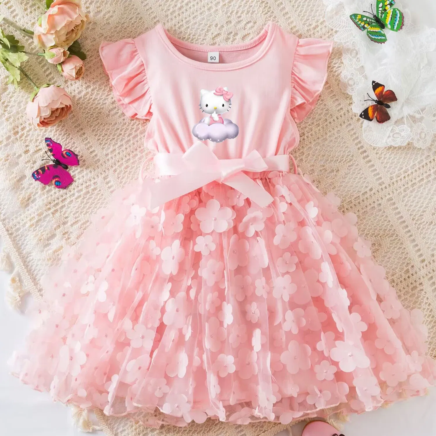 Color: GRAY, Size: XS - Hello Kitty Summer Dress for Kid's Casual Clothes 3D Butterfly Cute Baby Girls Princess Dress Party Dresses 2-6 Yrs