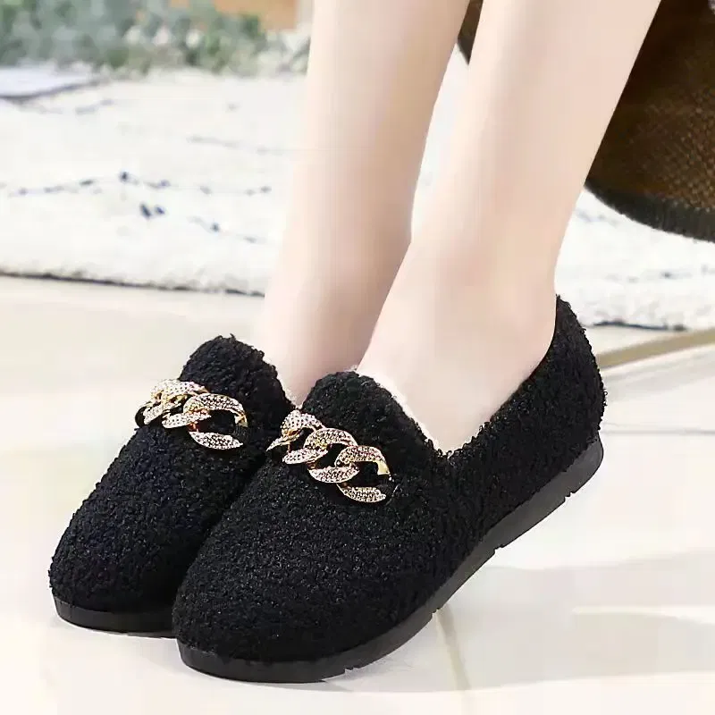 Color: black, Shoe Size: 38 - Womens Slippers Warm Short Plush Lining House Shoes Moccassins Slip on Fashion Lady Flats Loafers Non Slip 2023