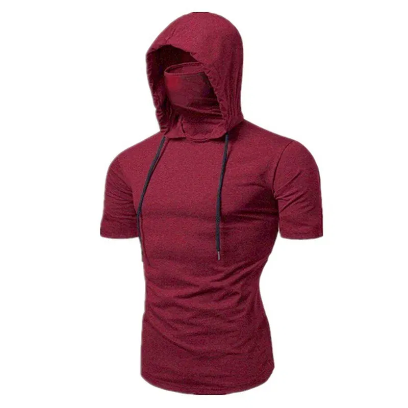 Color: GRAY, Size: XL - Mens Gym Thin Hoodie Short Sleeve Hoodies With Mask Sweatshirt Casual Splice Large Mask Hoodie Sweatshirt Hooded Tops Cycling