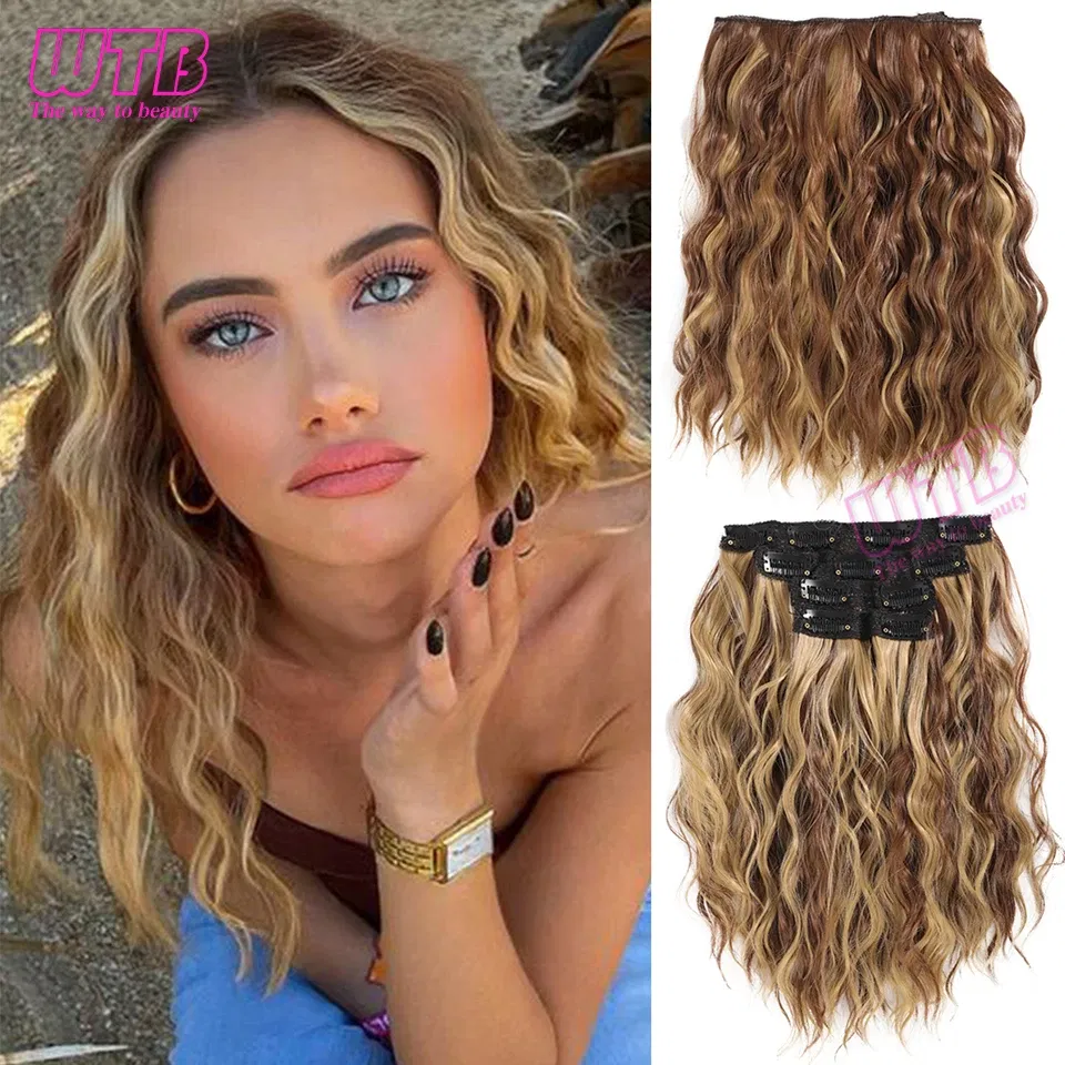 Color: T4/27/30 - Synthetic Heat Resistant Hair Extensions Multi Color Clip-in Body Wave 12inch 4 PCS Double Weft for Women Girl Daily Party Use