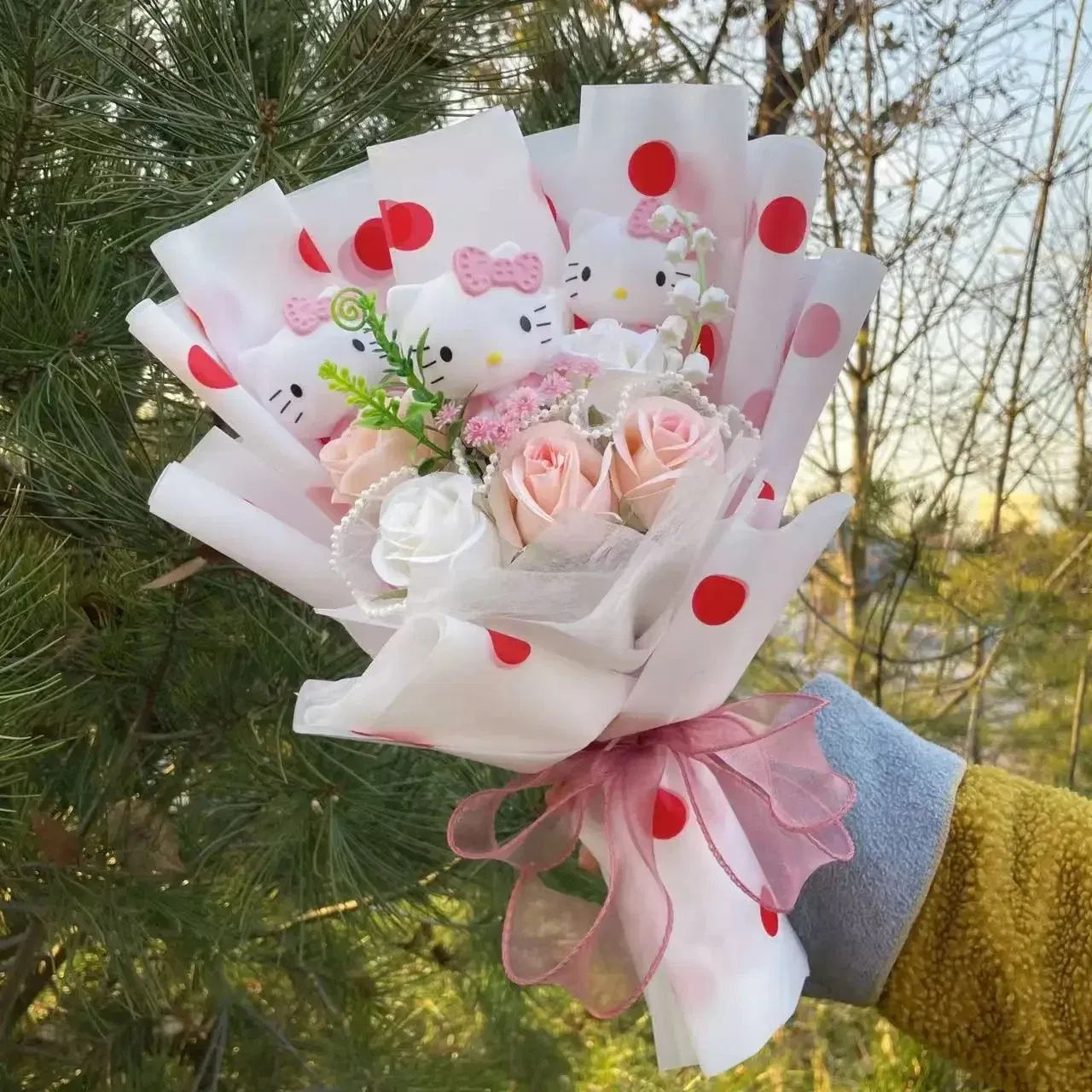 Color: Fluorescent Yellow - Kawaii Hello Kitty Cat Dolls With Artificial Flowers Creative Bouquet Christmas Valentine Birthday Graduation Gifts