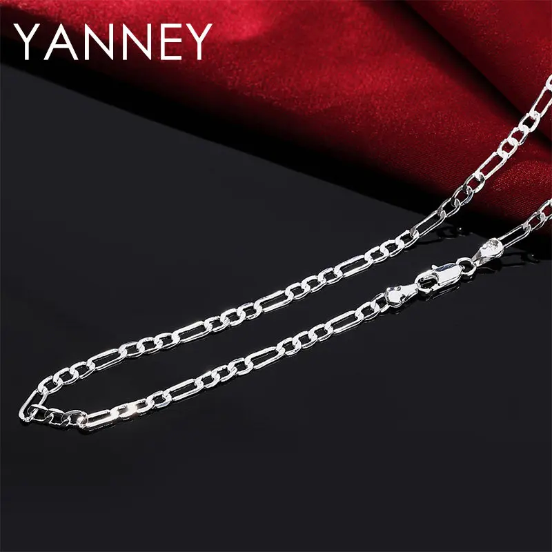 Gem Color: Green, Length: 60cm - 925 Sterling Silver 4MM 16-30 Inches Figaro Chain Bracelet Necklace For Man Woman Fashion Couple Christmas Gift Jewelry Set 2pcs
