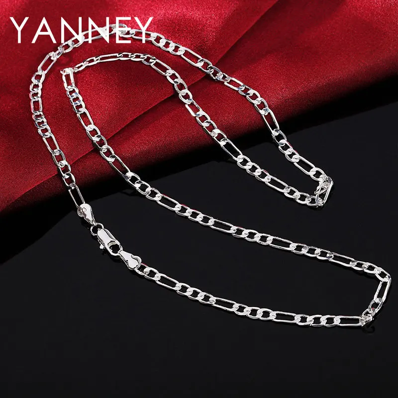 Gem Color: Green, Length: 60cm - 925 Sterling Silver 4MM 16-30 Inches Figaro Chain Bracelet Necklace For Man Woman Fashion Couple Christmas Gift Jewelry Set 2pcs
