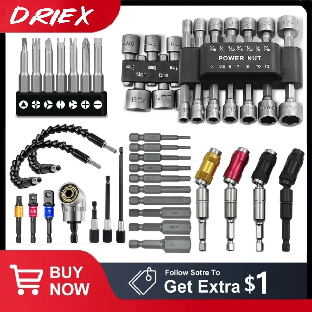 Color: grey - Flexible Drill Extension Hex Shank Drill Nut Driver Bit Set Bendable Drill Bit Extension+ScrewdriverBit+Universal Socket Adapter