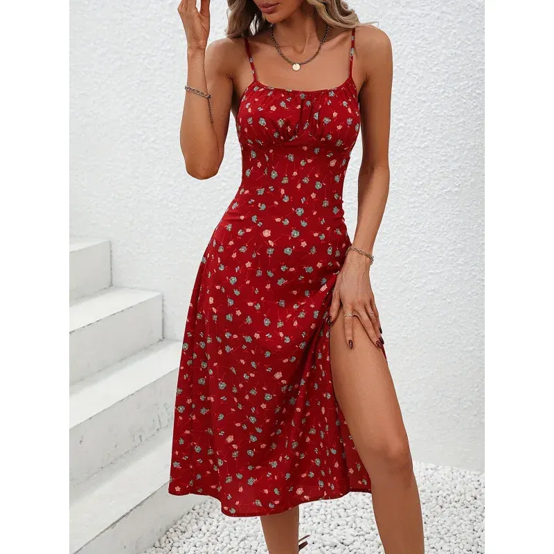 Color: Gold, Size: L - 2025 Summer Sexy Spaghetti Straps Dress Women Fashion Polka Dot Print Sleeveless Slit Dress Boho Casual Beach Midi Dresses