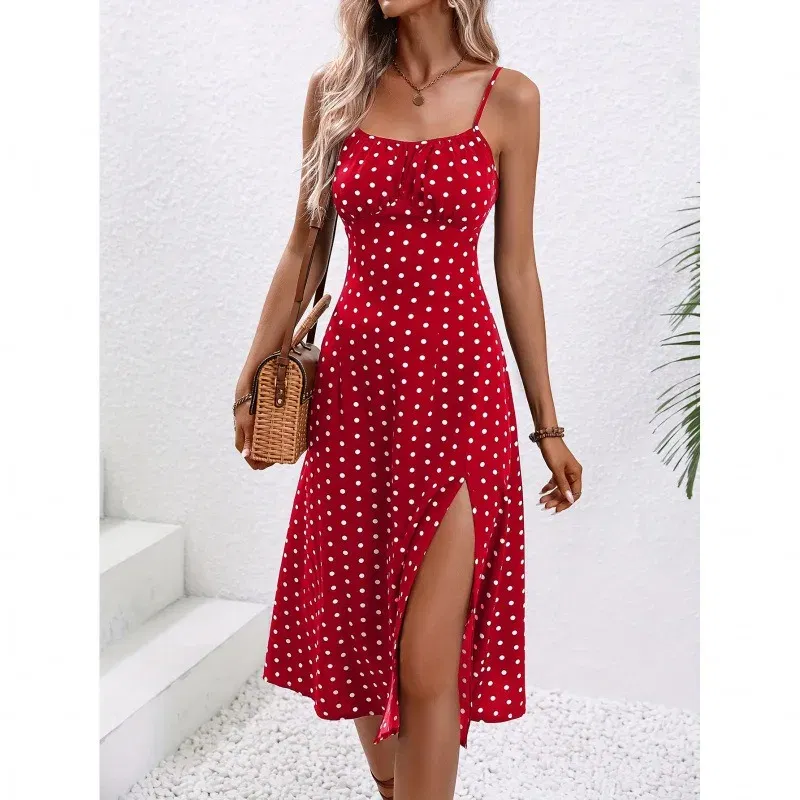 Color: Gold, Size: L - 2025 Summer Sexy Spaghetti Straps Dress Women Fashion Polka Dot Print Sleeveless Slit Dress Boho Casual Beach Midi Dresses