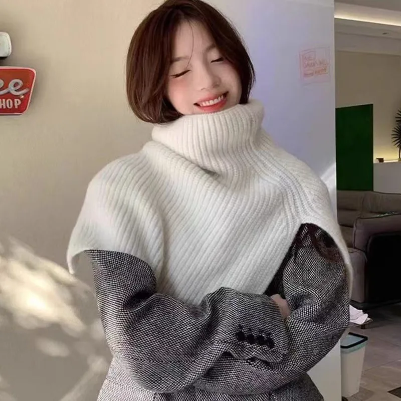 Color: Dark Grey, Size: One Size - Pullover Scarf Knitted Shawl Winter Scarf False Collar Coat Bib Warm Scarf Turtleneck Slit Jumper Shawl Clothes Accessories