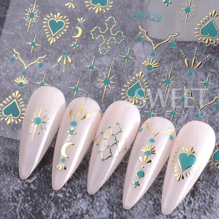 Color: GRAY - Metallic Bohemian Style Nail Sticker Gold Silver Lace Lines Green Gem Love Heart 3D Holographic Manicure Sliders Nail Decoration