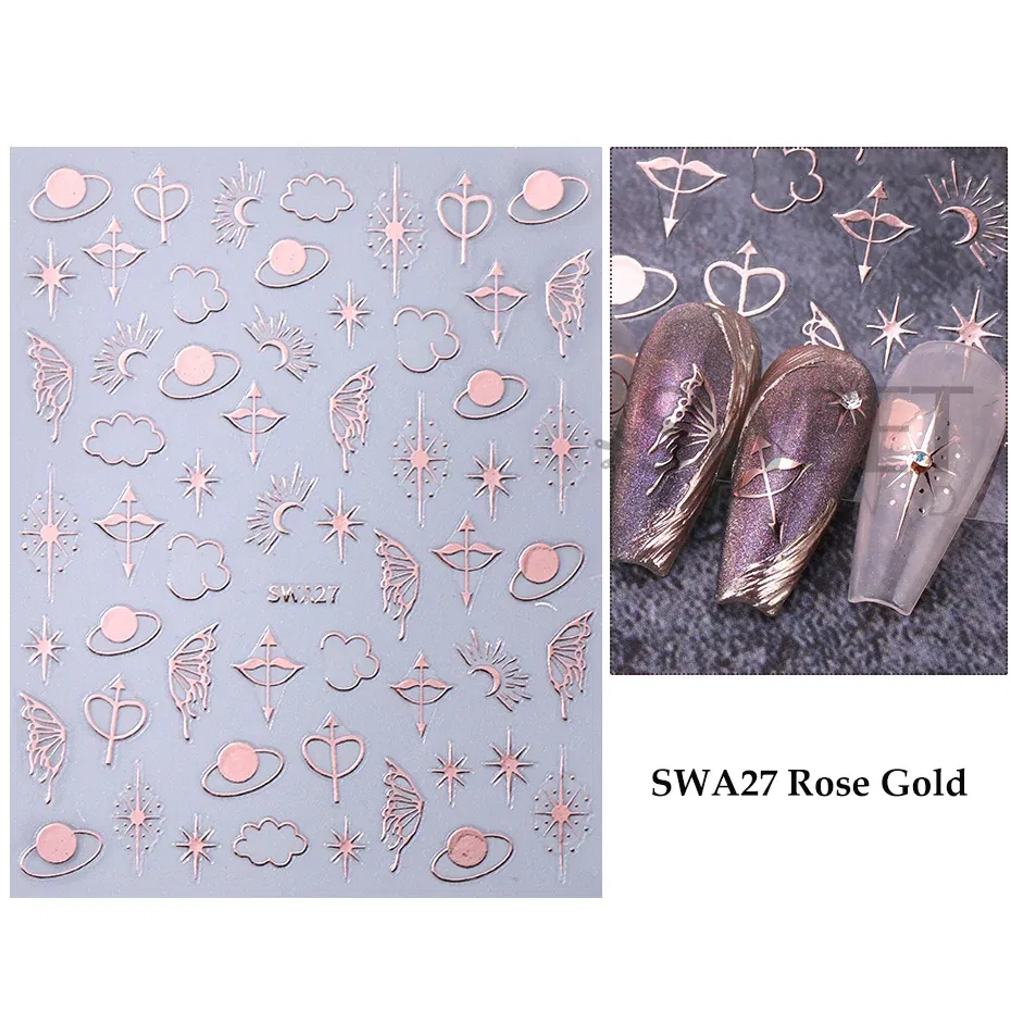 Color: GRAY - Metallic Bohemian Style Nail Sticker Gold Silver Lace Lines Green Gem Love Heart 3D Holographic Manicure Sliders Nail Decoration