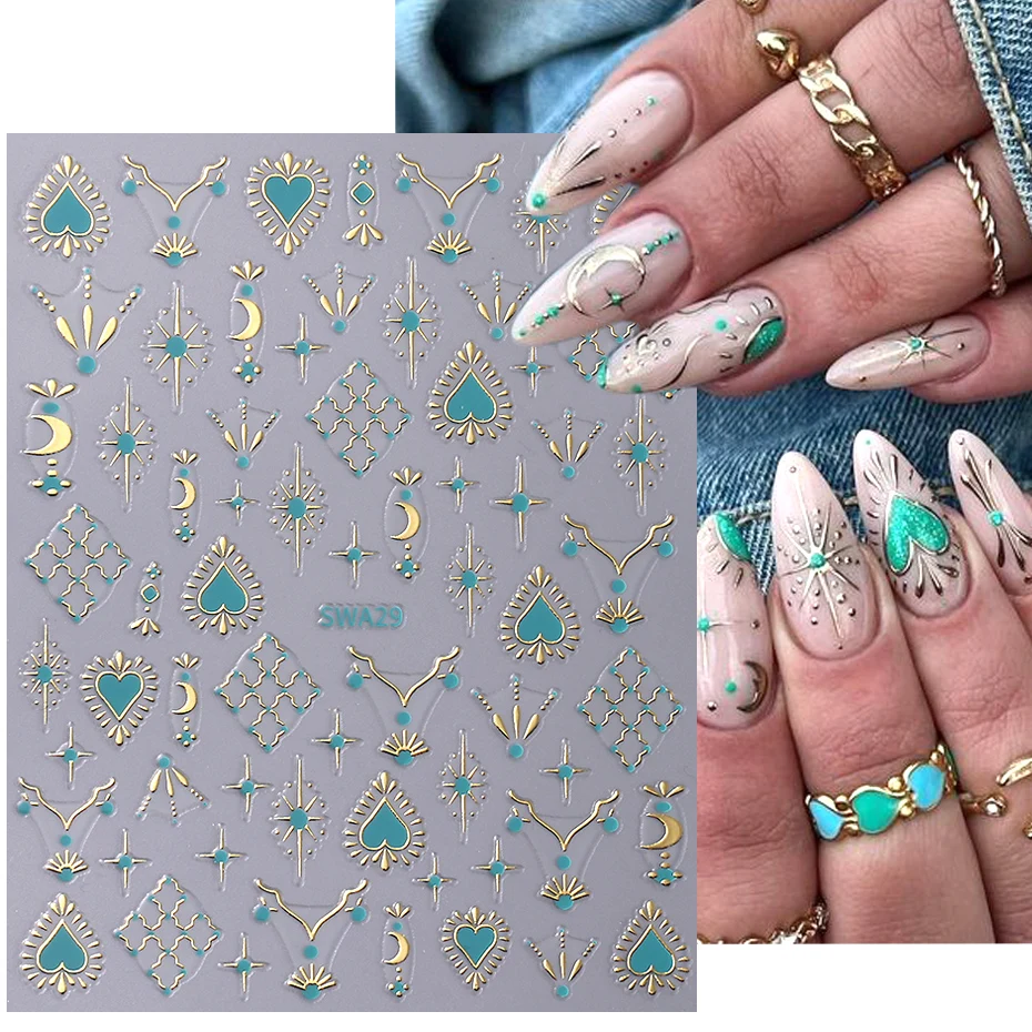 Color: GRAY - Metallic Bohemian Style Nail Sticker Gold Silver Lace Lines Green Gem Love Heart 3D Holographic Manicure Sliders Nail Decoration