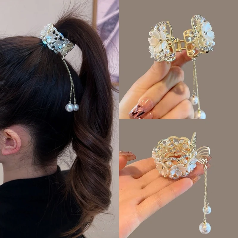 Color: SKY BLUE - Fashion Rhinestone Tassel Pearl Hair Claws Flowers Hair Clip Women Barrettes Ponytail Holder Hairpins Hair Accessories Gifts