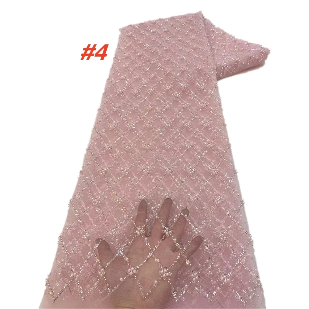 Color: Silver, Length: 5 yards, Width: 120cm - Gold African Sequins Lace Fabric 2025 High Quality French Nigerian Groom Lace Mesh Fabrics Beads For Sewing Dress Wedding Party
