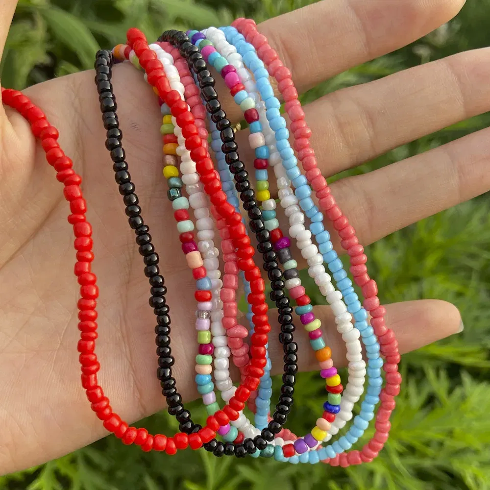 Metal Color: Steel color - 2022 New Trend Colorful Rice Beads Necklace Bohemia Fashion Style Ladies Clavicle Chain Necklace Girls String Pearl Neck Jewelry