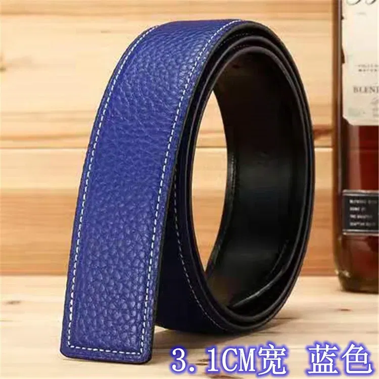 Color: light yellow, Belt Length: 115CM - 3.1cm No Buckle Belt Brand Belt Men High Quality Male Genuine Real Leather Strap forJeans Litchi grain Belt Cinturones Hombre