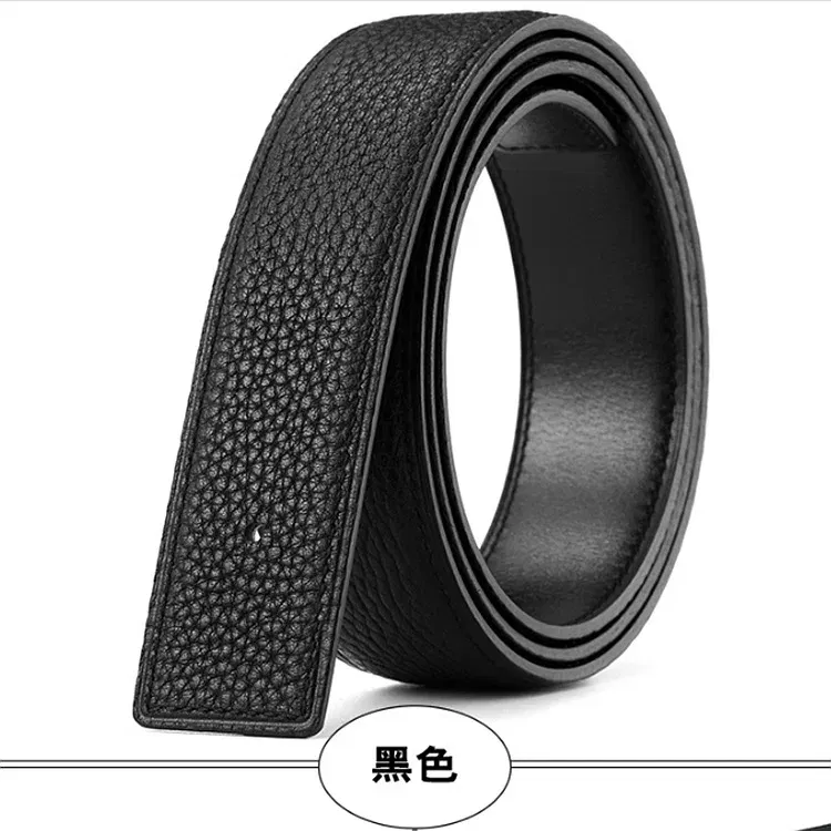 Color: light yellow, Belt Length: 115CM - 3.1cm No Buckle Belt Brand Belt Men High Quality Male Genuine Real Leather Strap forJeans Litchi grain Belt Cinturones Hombre