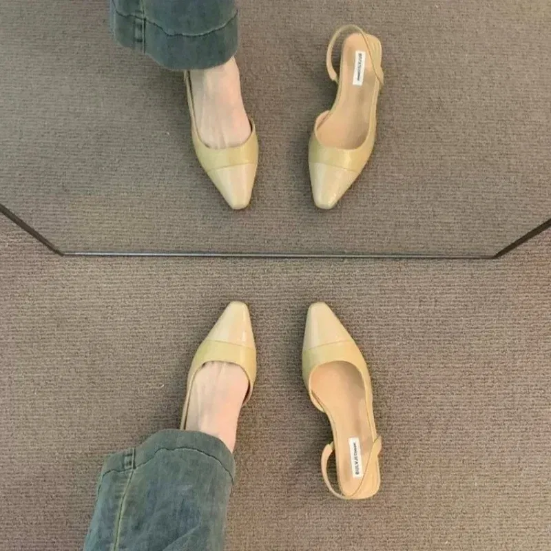 Color: WHITE, Shoe Size: 38 - 24Low Heel Baotou Sandals Women's French Nude Color Pointed Small Fragrant Style Ladies Thick Heels Back Air Style Single Shoes