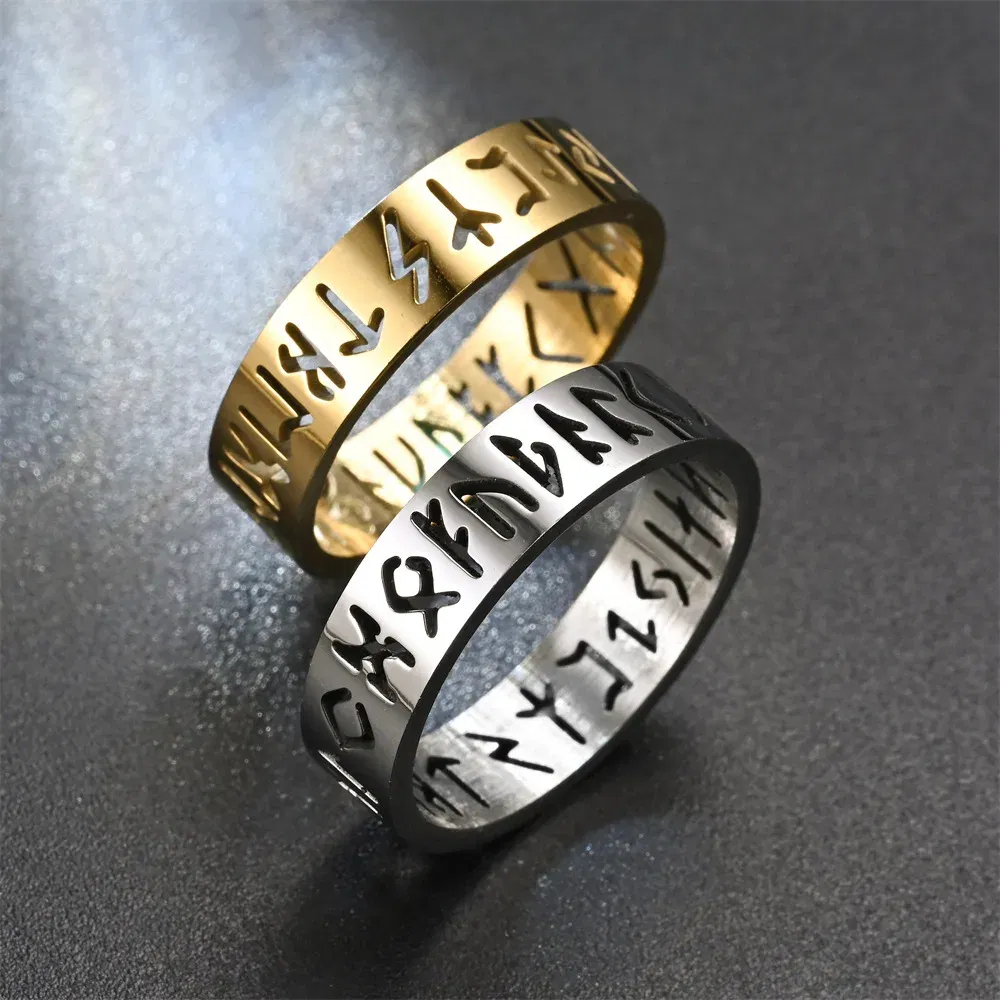 Main Stone Color: GOLD, Ring Size: 3 - 2023 New Stainless Steel Hollow Out Ring for Men Women Fashion Hollow Rune Design Finger Anillo Antiestres Anxiety Rings