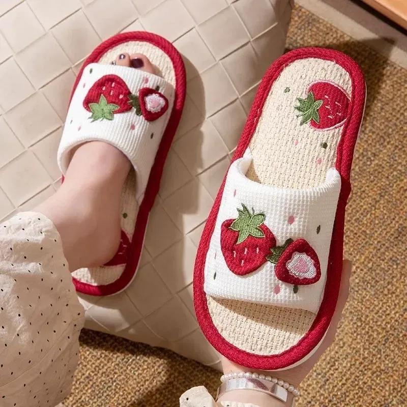 Shoe Size: 38-39, Color: Grape - Strawberry Linen Upper Sweet Home Girl's Soft Soles Silent Non-slip Floor Slippers in Line with Human Bow Science Shoes Sandals