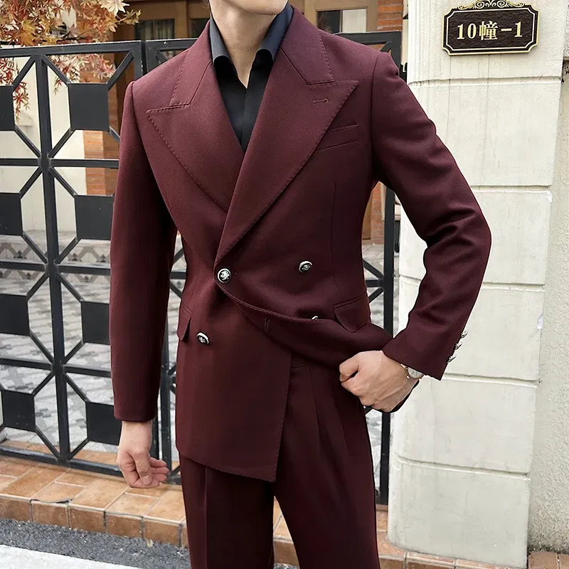 Color: Blue, Size: XXL - 2Pieces Jackets+Pants Design High Quality Men's Set Elegant Fashion Double Breasted Thick Wedding Dress Blazers And Trousers Set